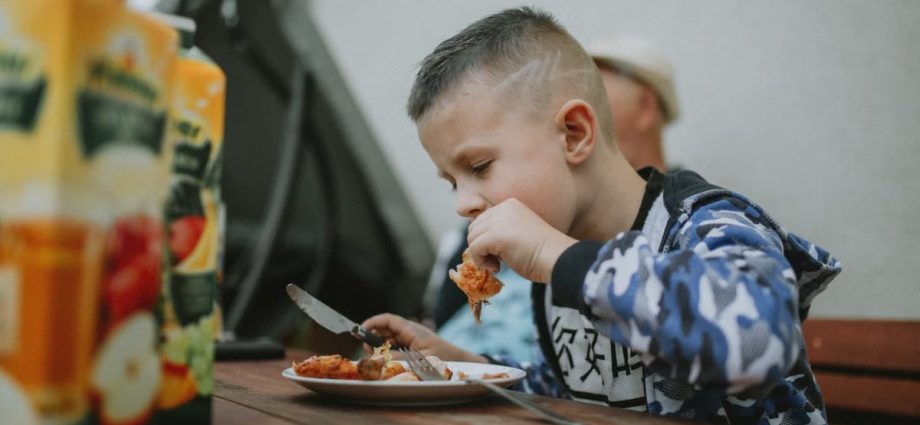 Young boy savoring a grilled chicken meal during an outdoor barbecue.